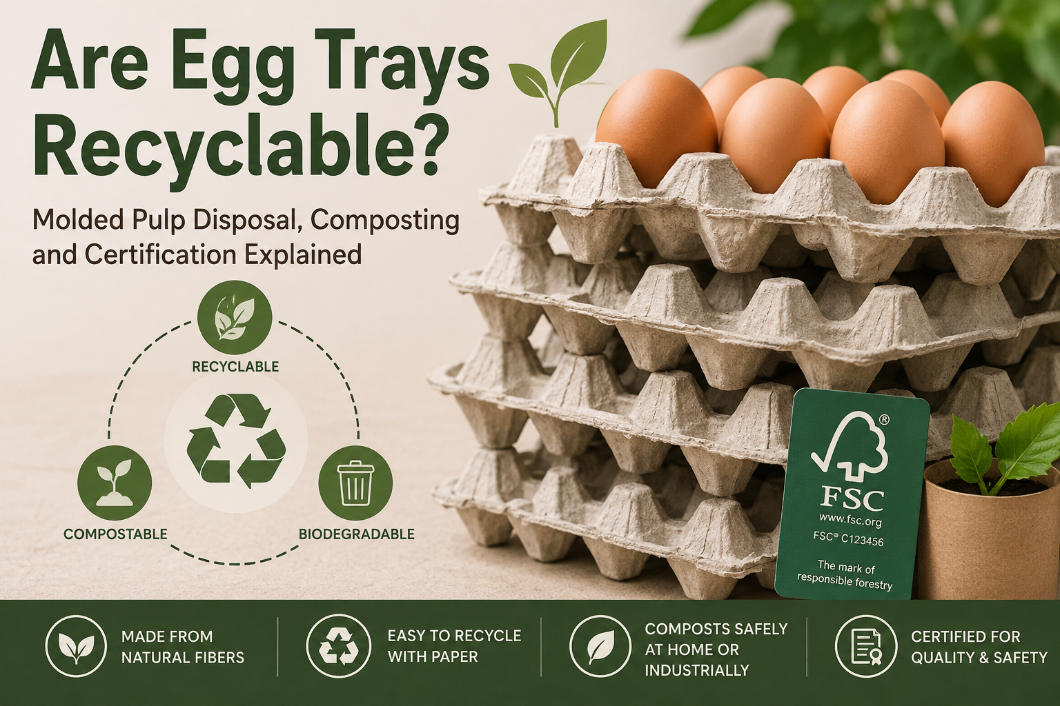 Molded pulp egg trays with eggs, recycling, composting, and sustainability certification infographic.