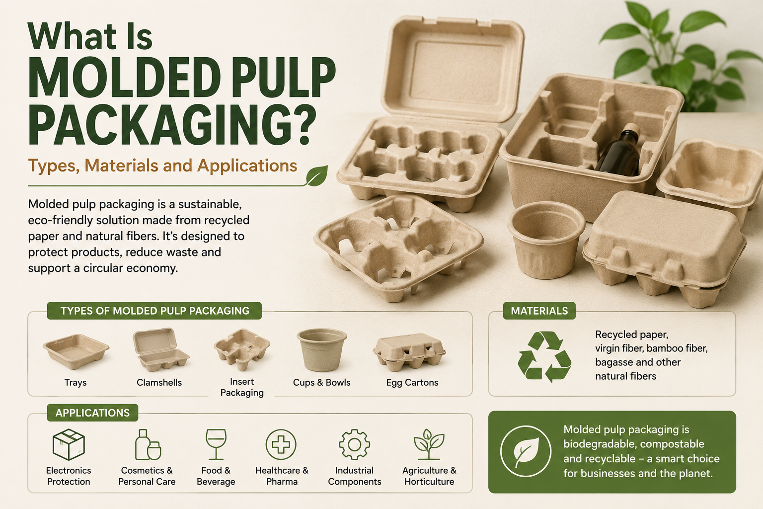 Various molded pulp packaging products showing eco-friendly trays, inserts, cartons, cups, and clamshell containers.