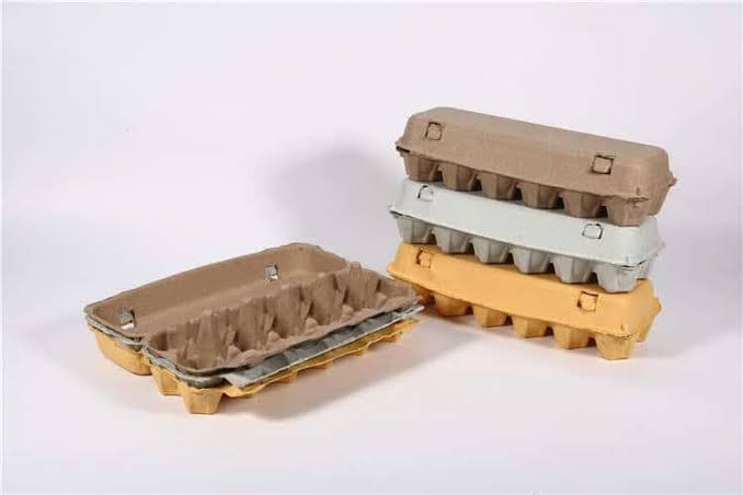 Dozen egg carton in molded pulp open to show twelve brown eggs seated in cells