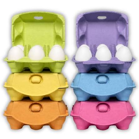 Colored egg cartons in six pulp shades stacked showing pink, blue, green, purple, yellow, and natural