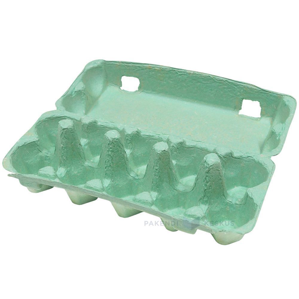 Green egg cartons in molded pulp holding brown eggs with the lid open