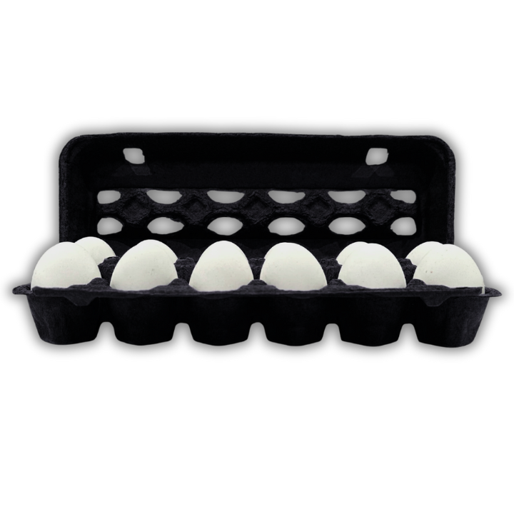 Black egg cartons in molded pulp holding white eggs with the lid open