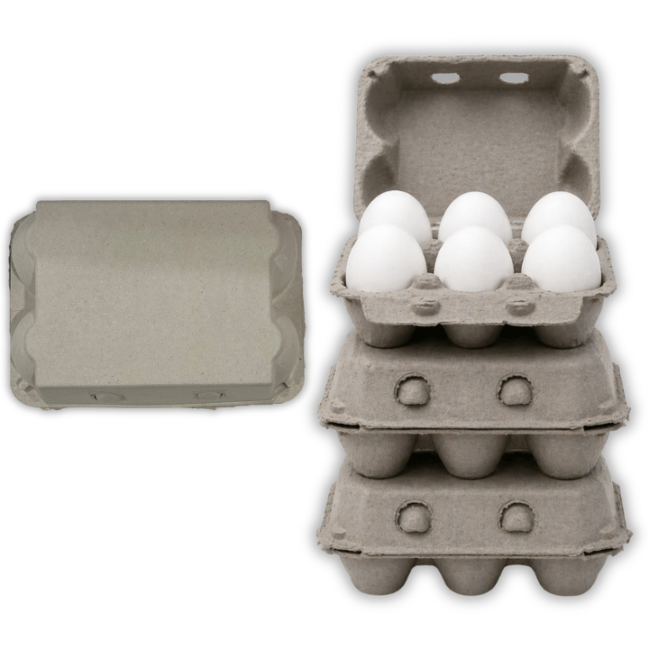 Goose egg cartons, turkey cartons and bantam cartons in molded pulp side by side showing size differences