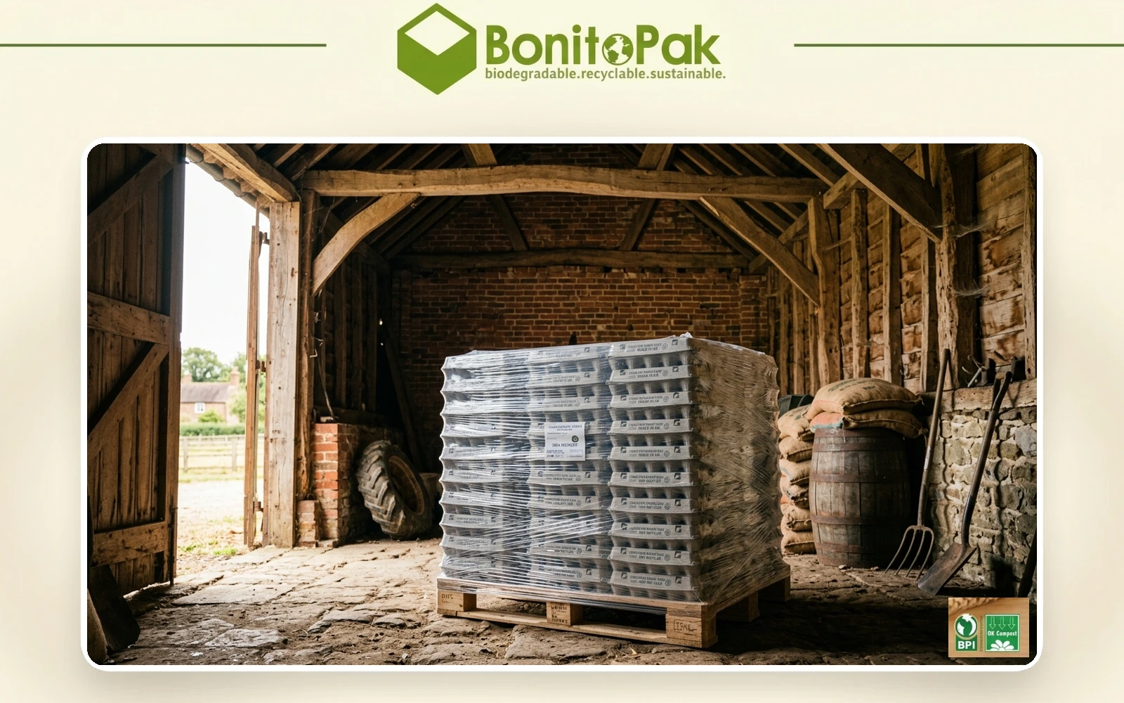Half pallet of nested bulk egg cartons in a UK farm store by BonitoPak