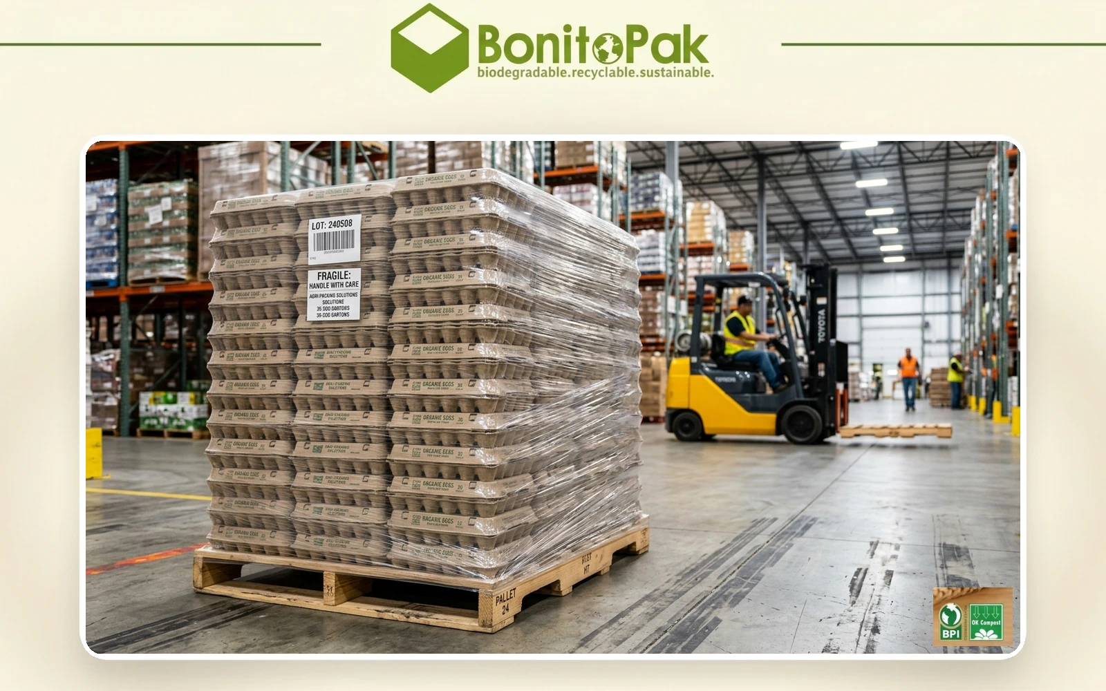 Pallet of nested bulk egg cartons in a US warehouse by BonitoPak