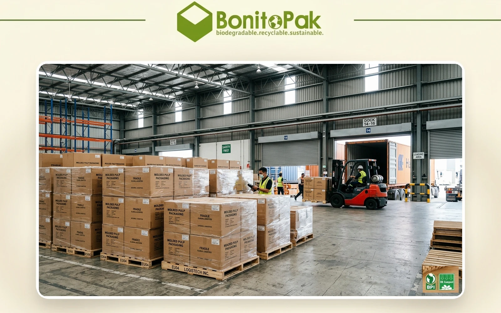 Palletized export cargo cartons of molded pulp packaging in freight logistics warehouse by BonitoPak