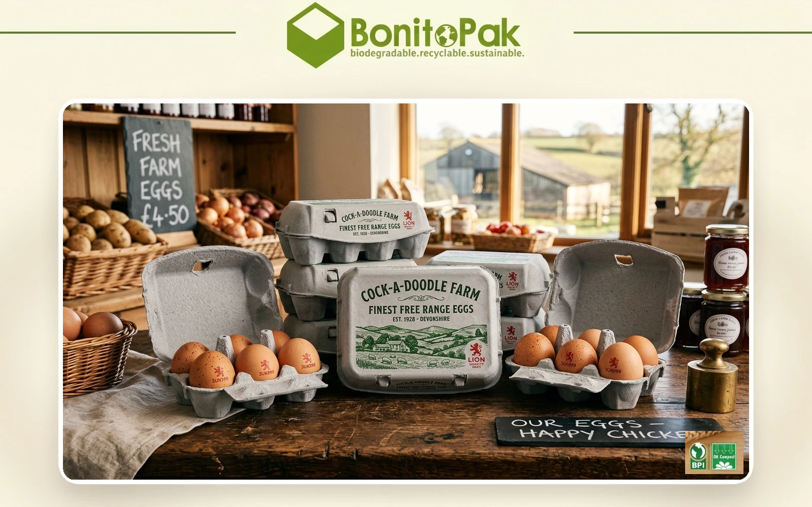 Custom printed British moulded fibre egg boxes with farm shop branding by BonitoPak