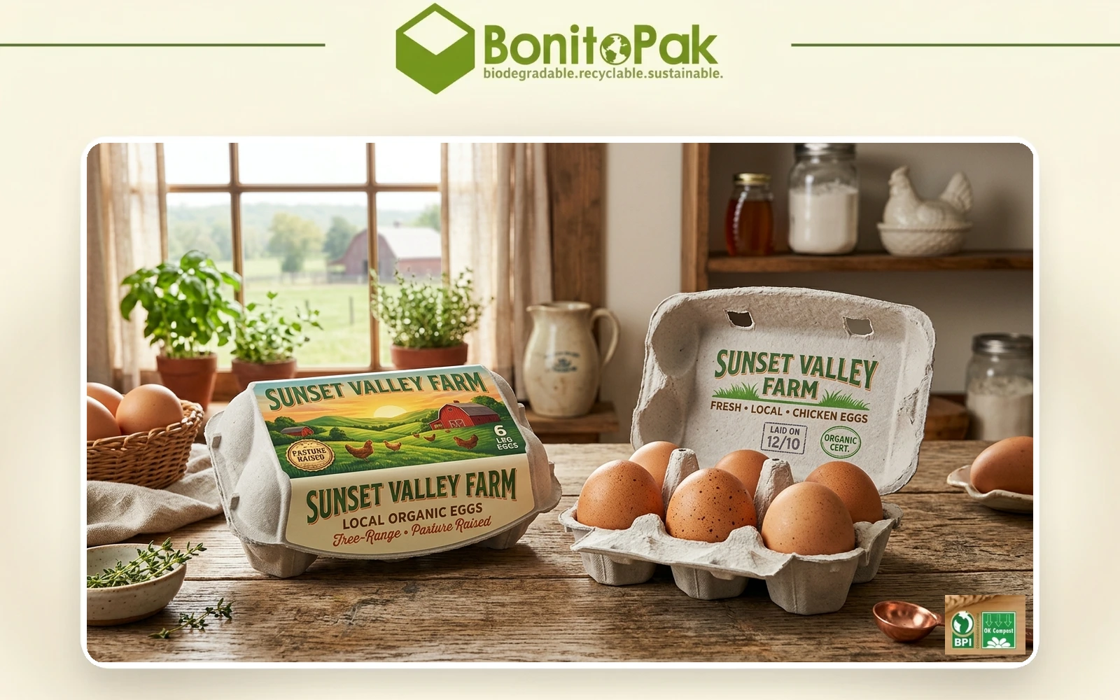 Custom printed molded pulp egg cartons with farm branding and fresh eggs by BonitoPak