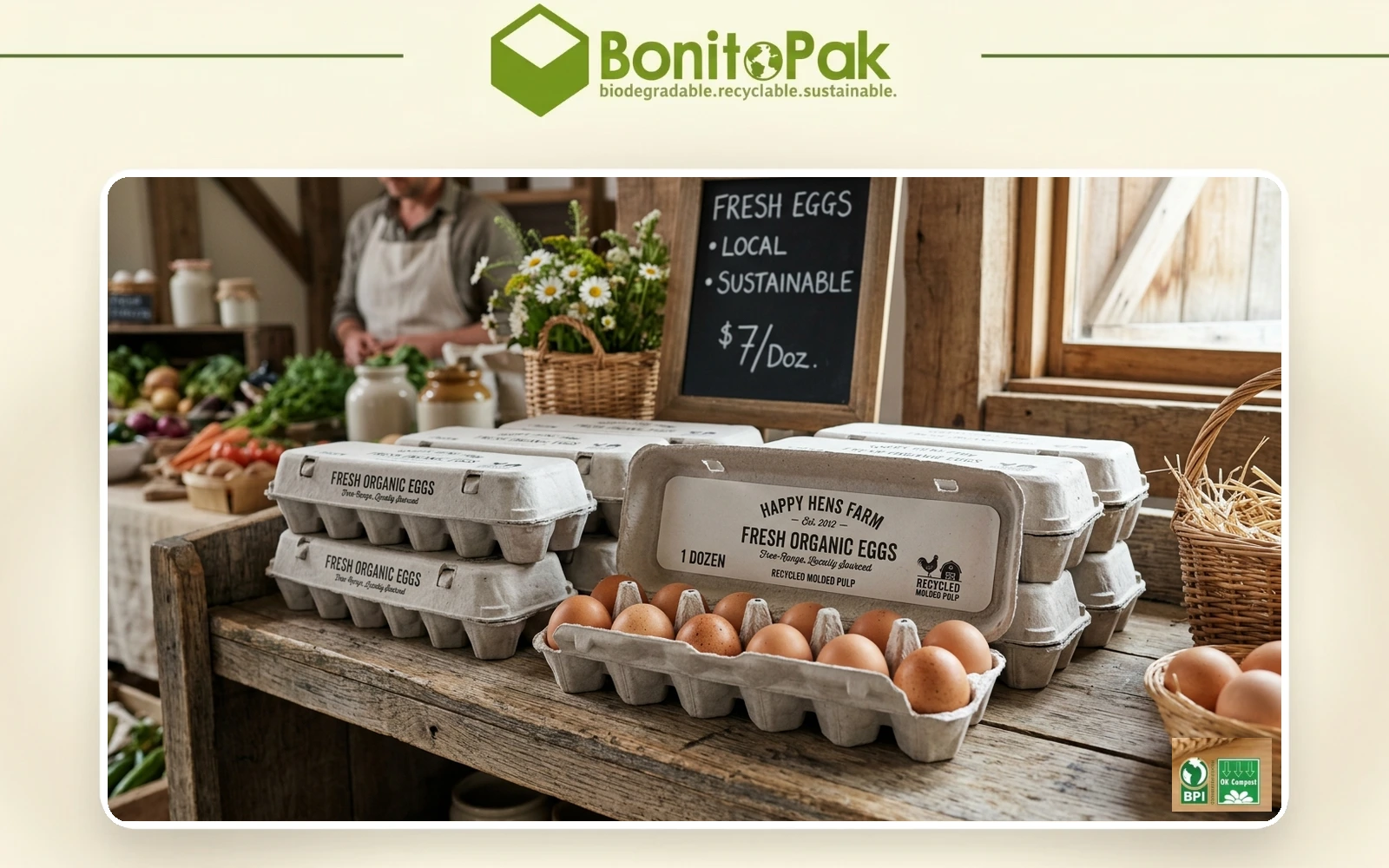 Eco-friendly recycled molded pulp egg cartons on market stall in Canada by BonitoPak