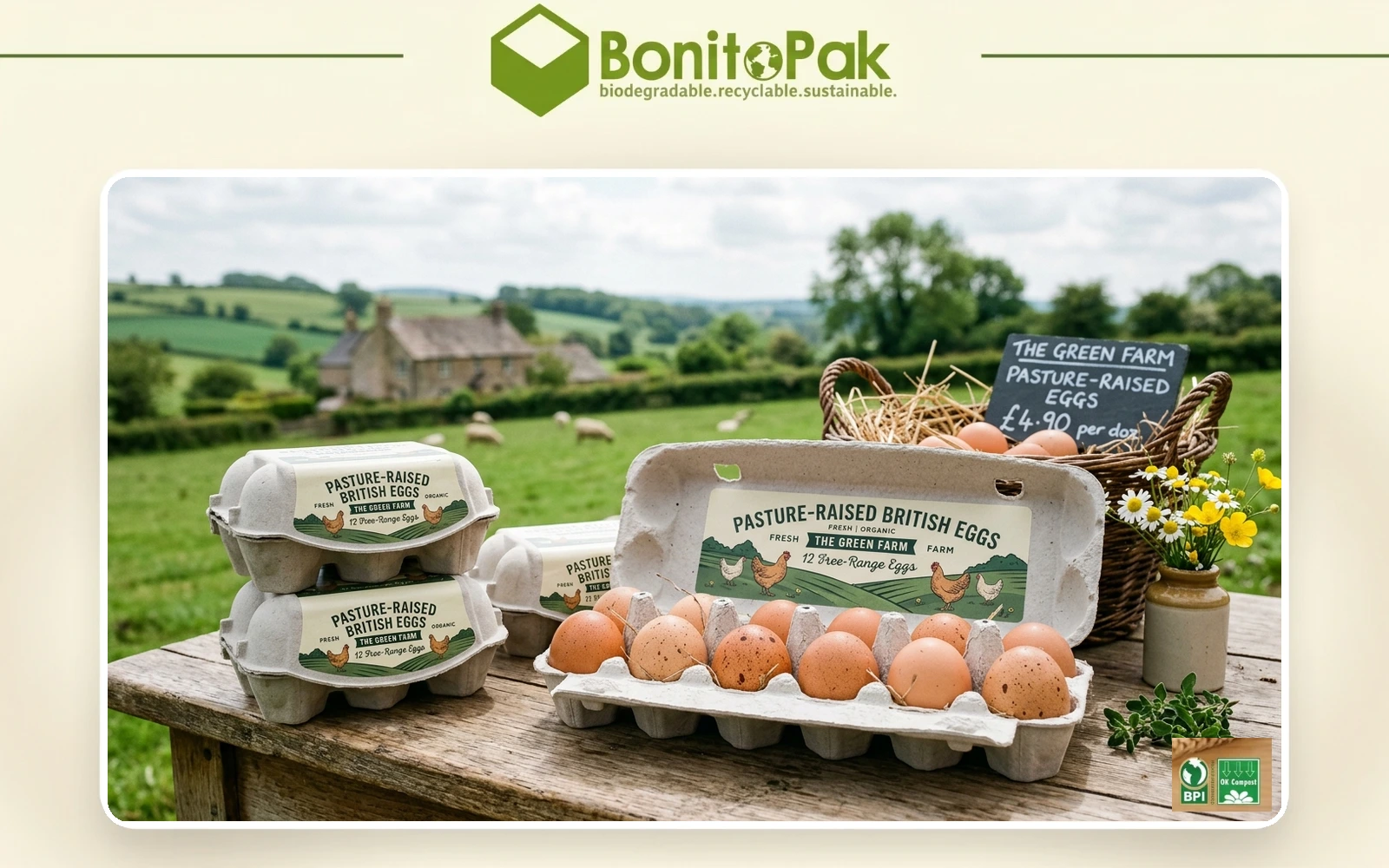 Moulded fibre egg boxes with fresh pasture-raised British eggs in farm shop setting by BonitoPak