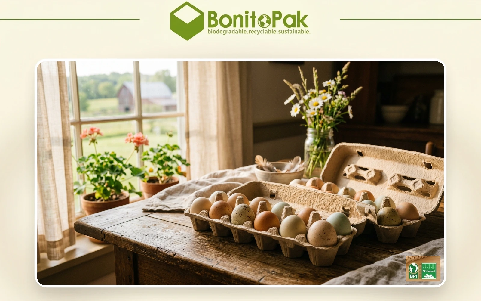 Biodegradable molded fiber egg cartons with fresh farm eggs on rustic country table by BonitoPak