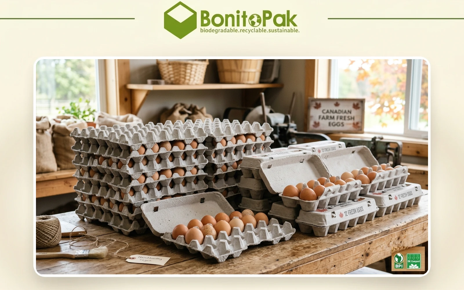 Thirty-cell moulded fibre egg flat beside a twelve-count carton by BonitoPak