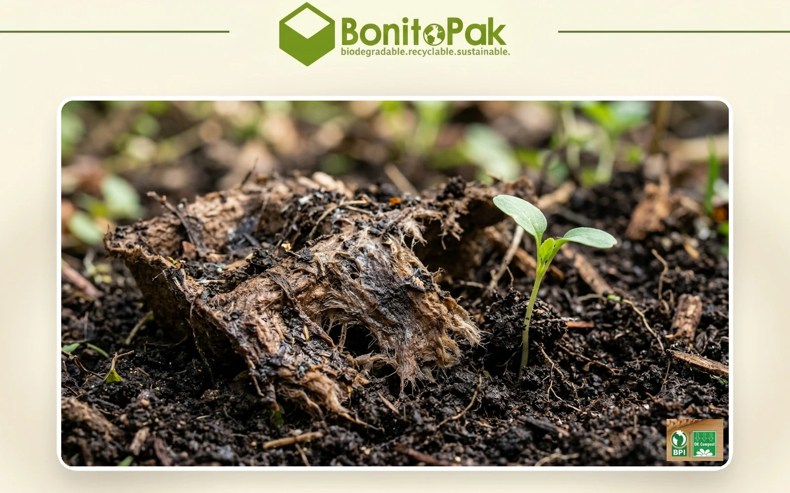 BonitoPak社製の生分解性成形紙パルプ製パッケージは、暗所にある有機質堆肥の土壌中で自然に分解されます。