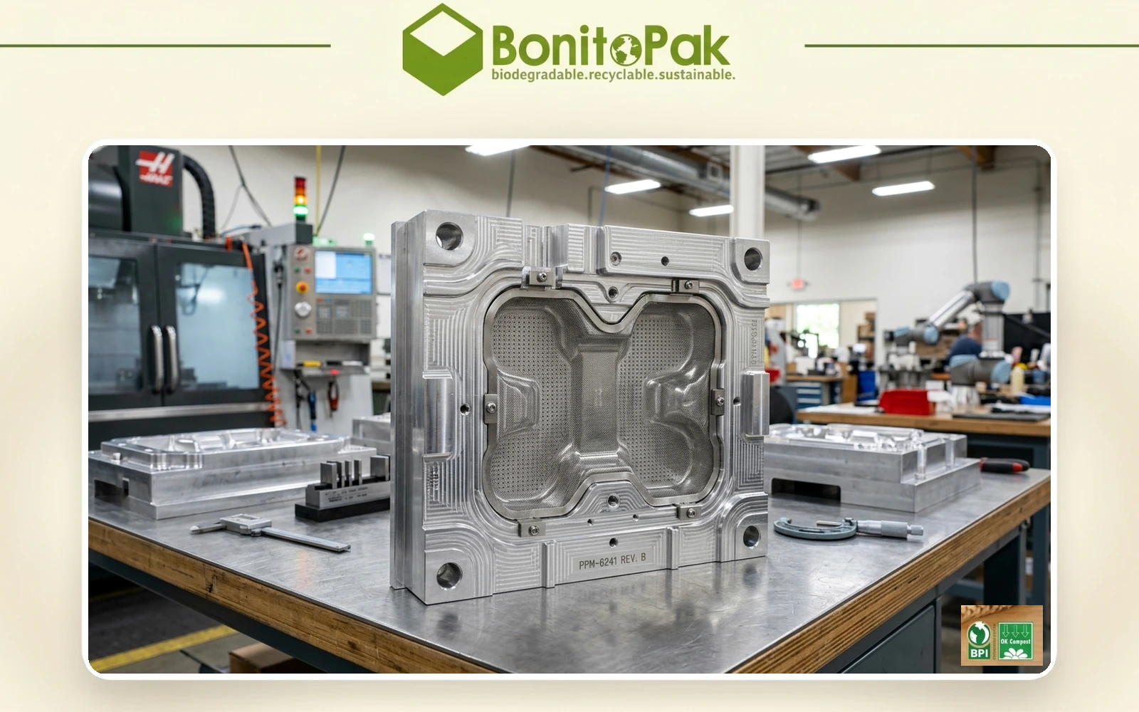 Precision CNC machined aluminum tooling mold die for custom molded pulp packaging by BonitoPak