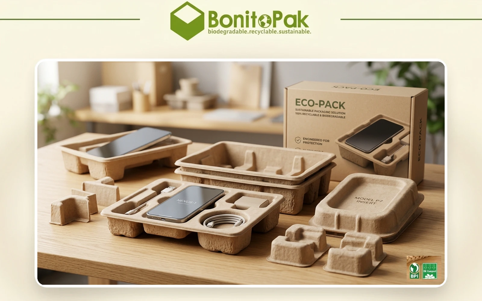 Sustainable molded pulp packaging trays and protective cushion inserts replacing plastic and foam by BonitoPak