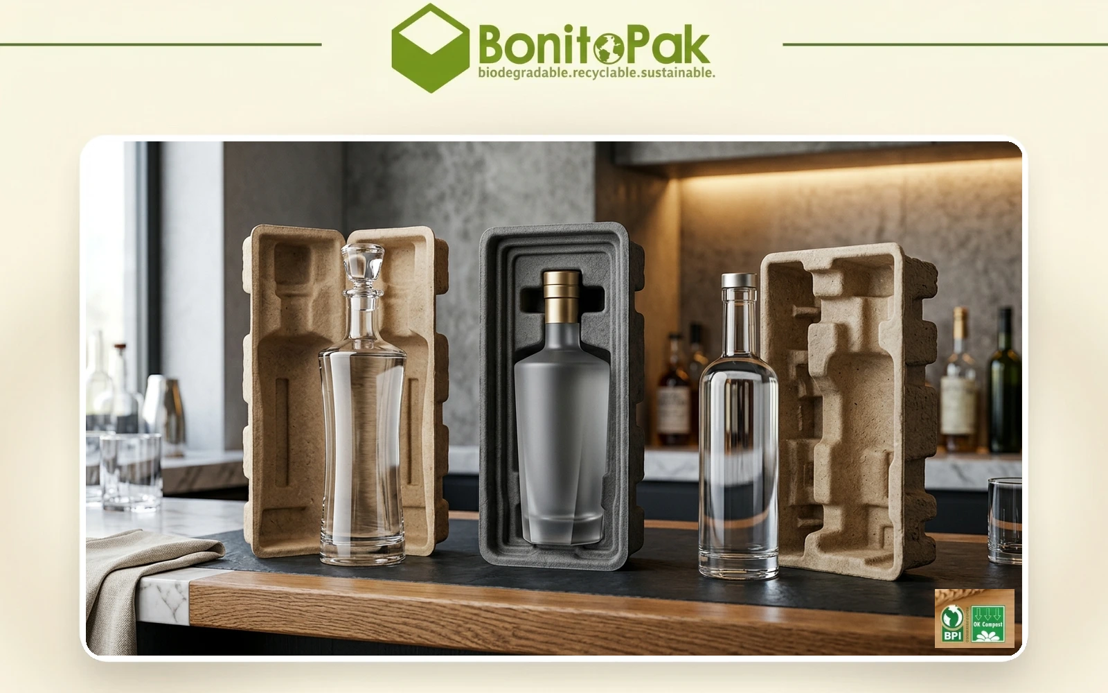 BonitoPak社による、サステナブルな特注成形繊維製の保護ケースとパッケージに収められた高級ウォッカのボトル
