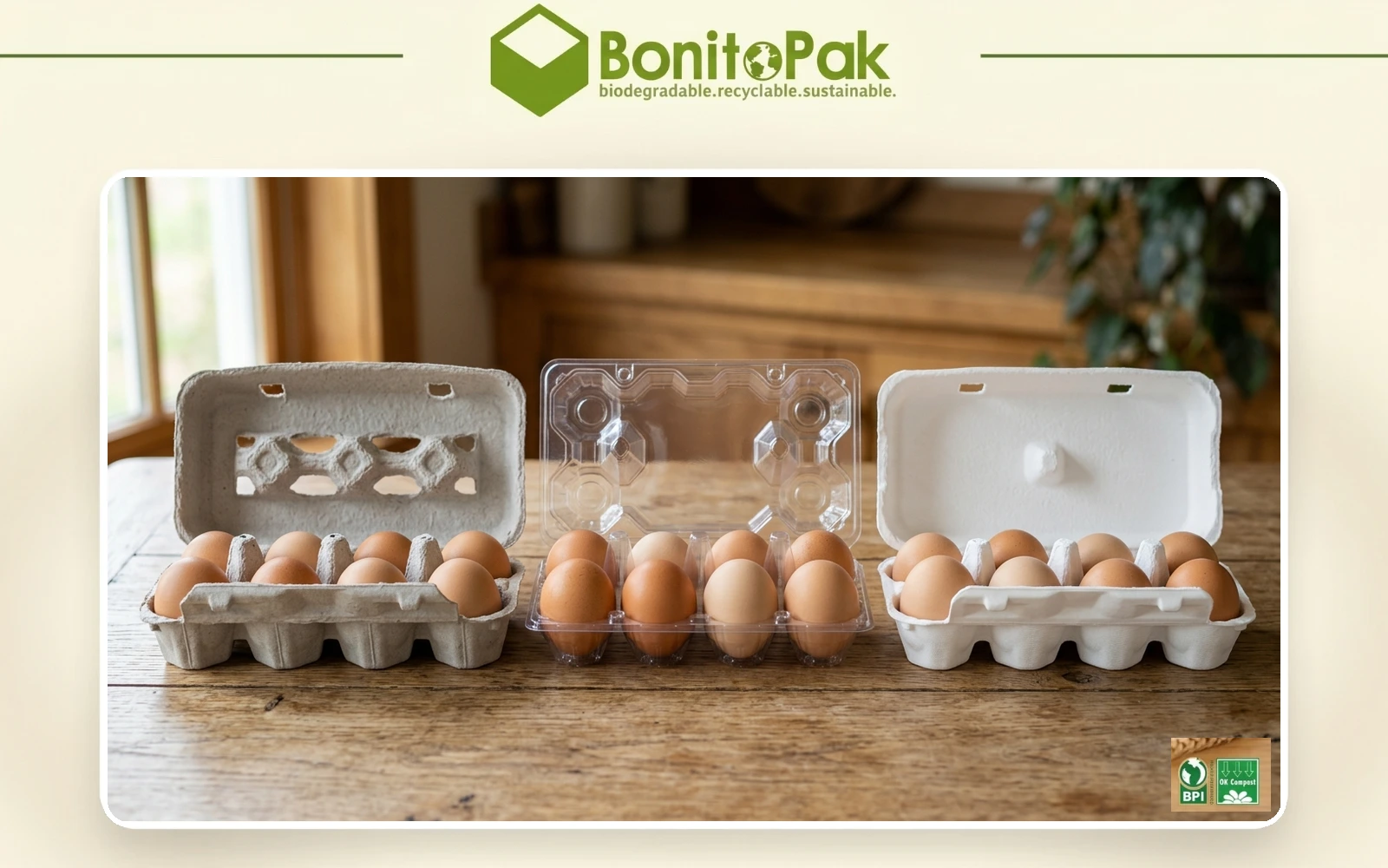 BonitoPakによる、再生紙成形パルプ、透明PETプラスチック、および白い卵パックと生卵との比較