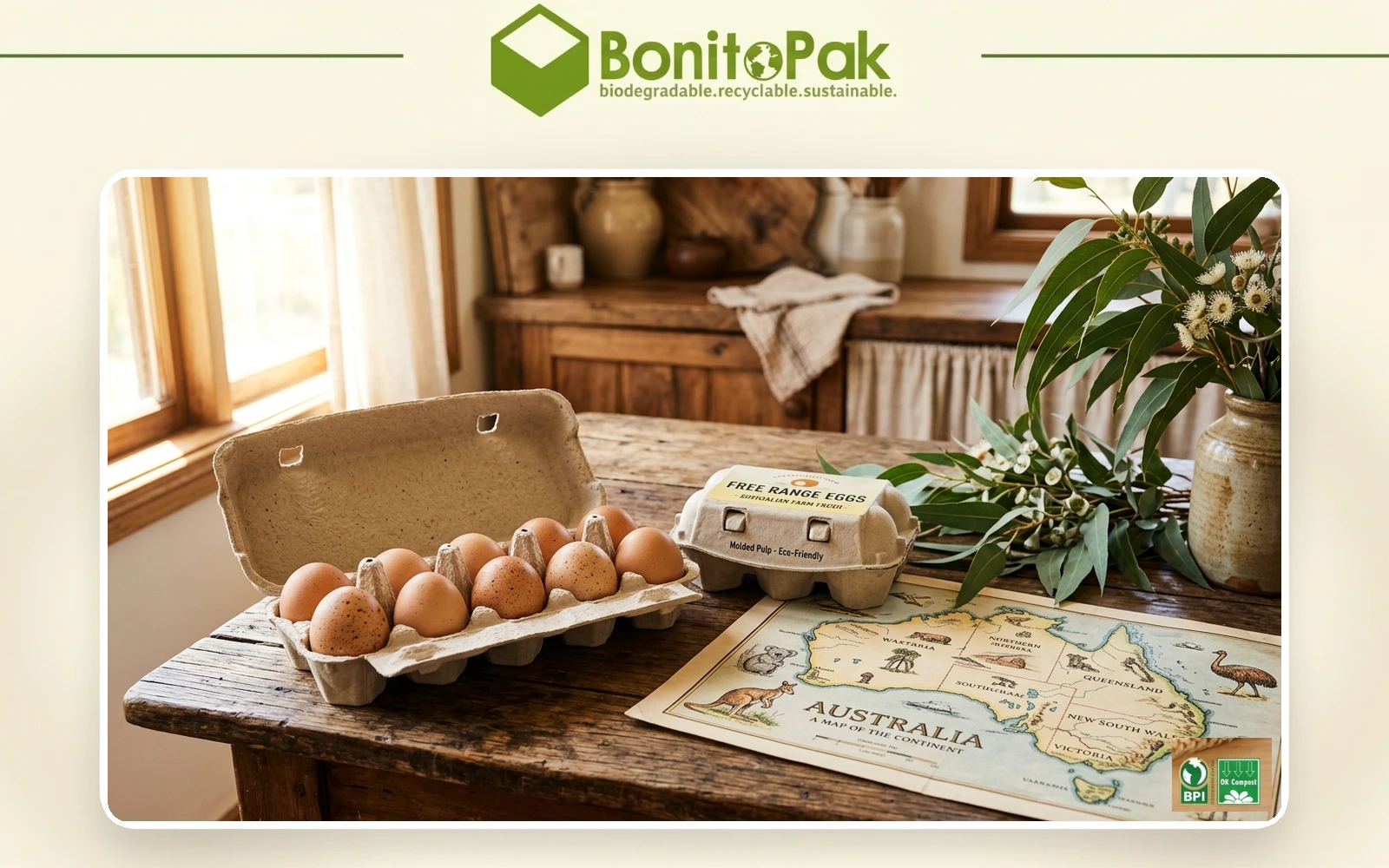 Map of Australia marking egg carton supply centres with moulded pulp cartons by BonitoPak