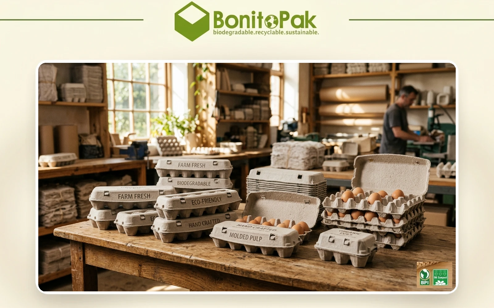 Molded pulp egg cartons and sustainable egg trays produced in Vietnam packaging facility by BonitoPak
