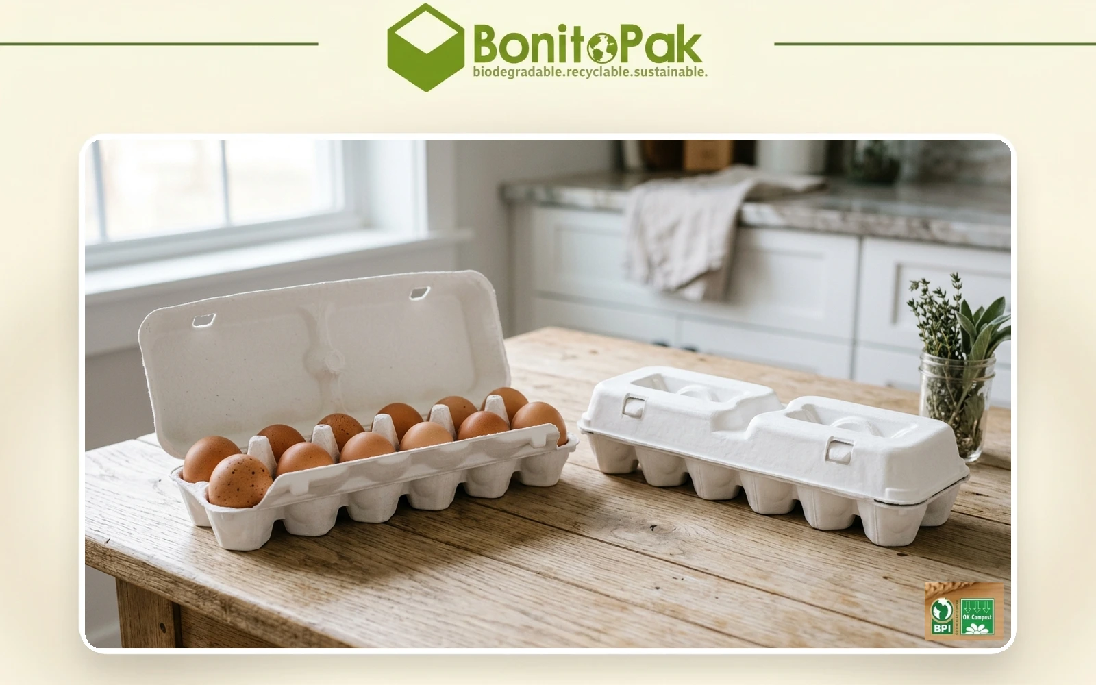 BonitoPak社製の、漂白されたサトウキビバガス繊維を使用した高級ホワイト成形パルプ製卵パック。農場直送の新鮮な卵を収納します。